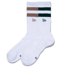 画像1: 【2025.12.04再入荷】NEWERA（ニューエラ） “ソックス クルー 2ペア ライン フラッグロゴ エンブロイダリー ベージュ/ダークグリーン” (1)