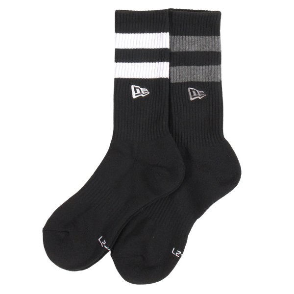 画像1: NEWERA（ニューエラ） “ソックス クルー 2ペア ライン フラッグロゴ エンブロイダリー ブラックｘホワイト/グレー” (1)
